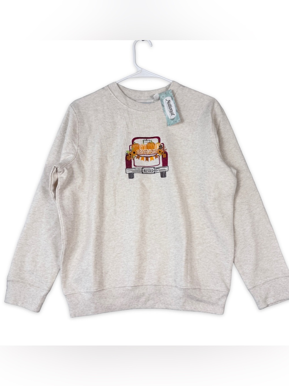 National Sweatshirt Womens PM Petite Medium Heather Beige Fall Truck Blessed NWT